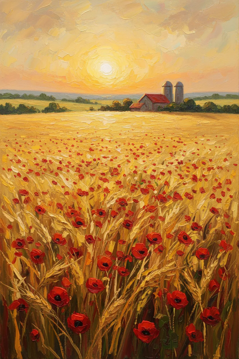 A vast golden summer wheat field with red poppies