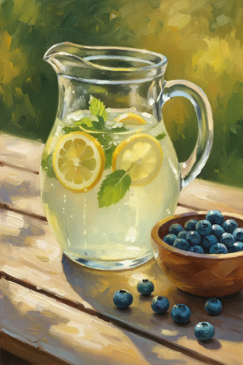 A pitcher of fresh lemonade with lemons and blueberries on a picnic table