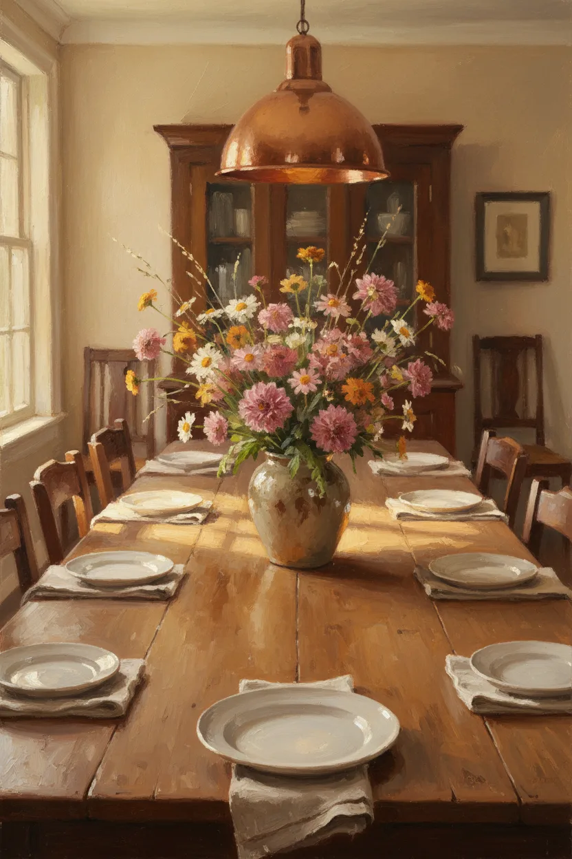 A long farmhouse table set with simple plates and wildflowers