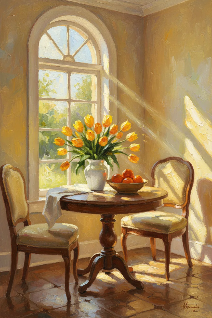 A cozy breakfast nook with tulips and oranges in morning sun