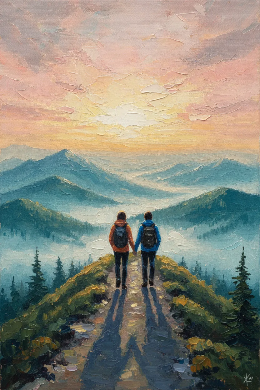 A couple hiking a misty mountain ridge at sunrise