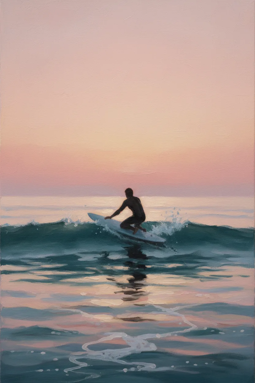 A surfer silhouetted paddling out into glassy dawn waves