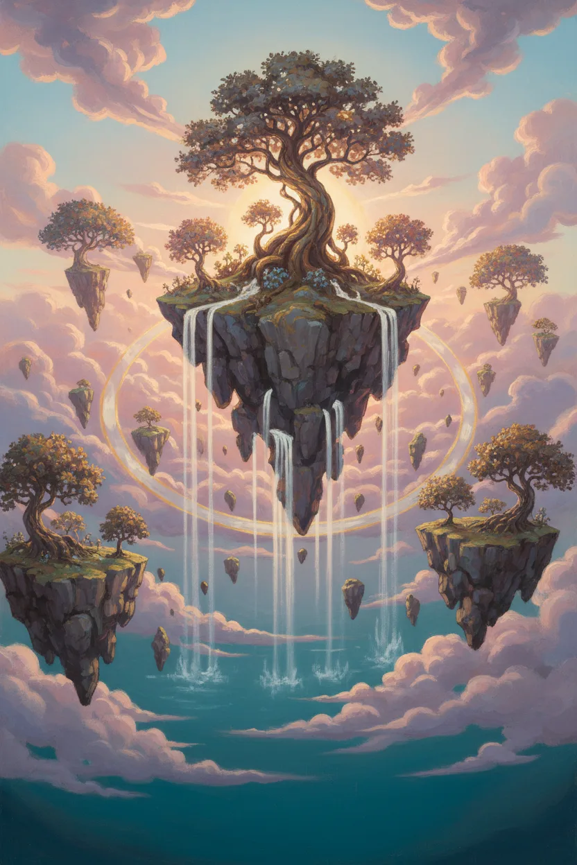Floating islands in pastel clouds at twilight