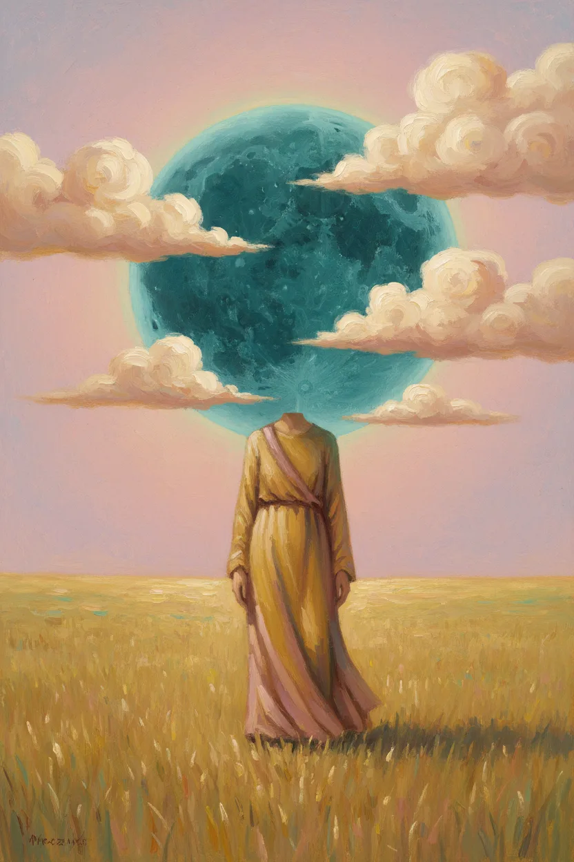 A surreal figure with clouds emerging from where their head would be