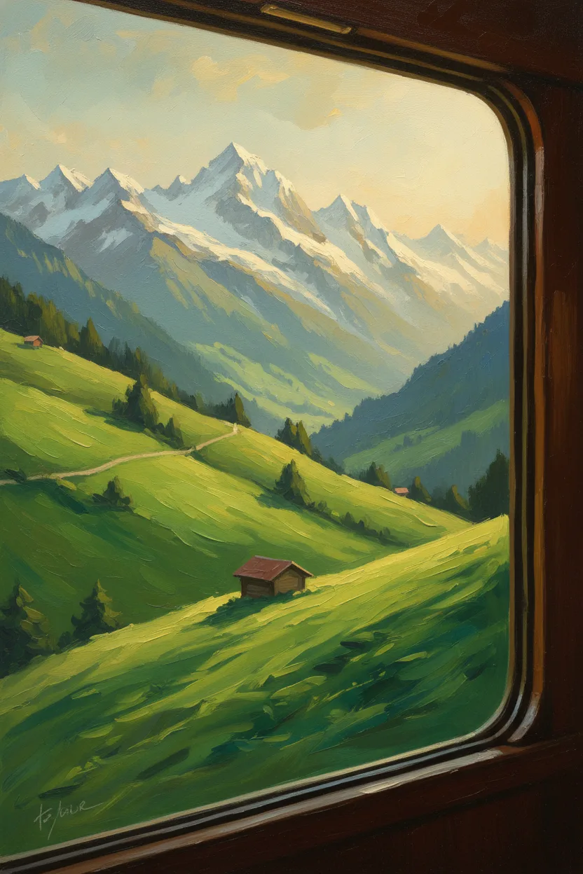 The view through a vintage train window of Swiss Alps meadows and peaks