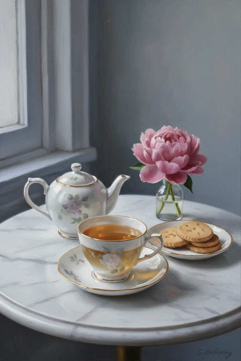 A porcelain teacup and teapot beside shortbread biscuits and a pink peony