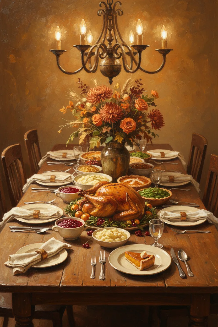 A long farmhouse table set for Thanksgiving with a roasted turkey