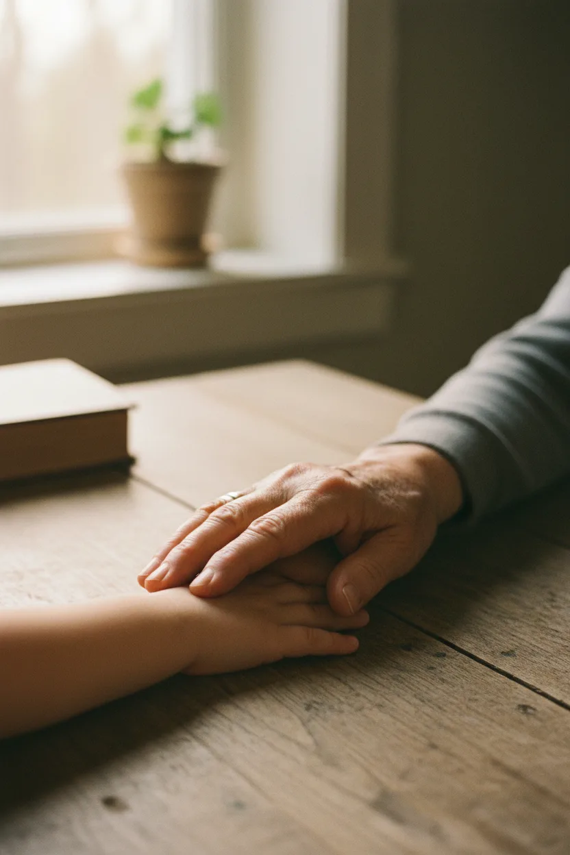 Three generations of hands stacked on a wooden table