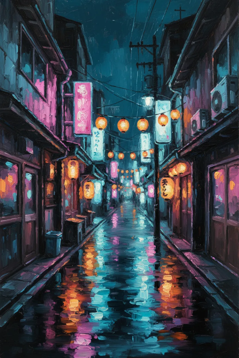 A narrow Tokyo back-alley at night with glowing neon signs