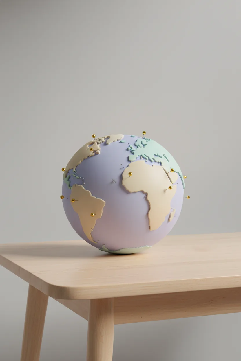 A 3D CGI render of a pastel globe with golden push-pins