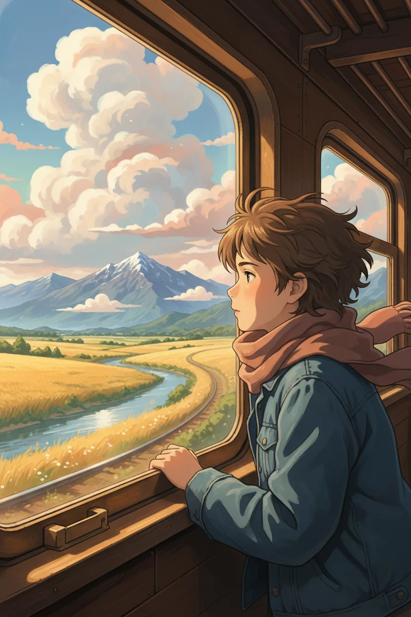 An anime scene of a young traveler watching countryside from a train