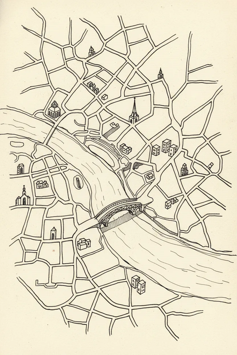 A black ink line drawing of a stylized city map