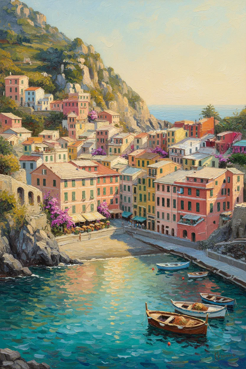 Painterly Mediterranean coastal village at golden hour