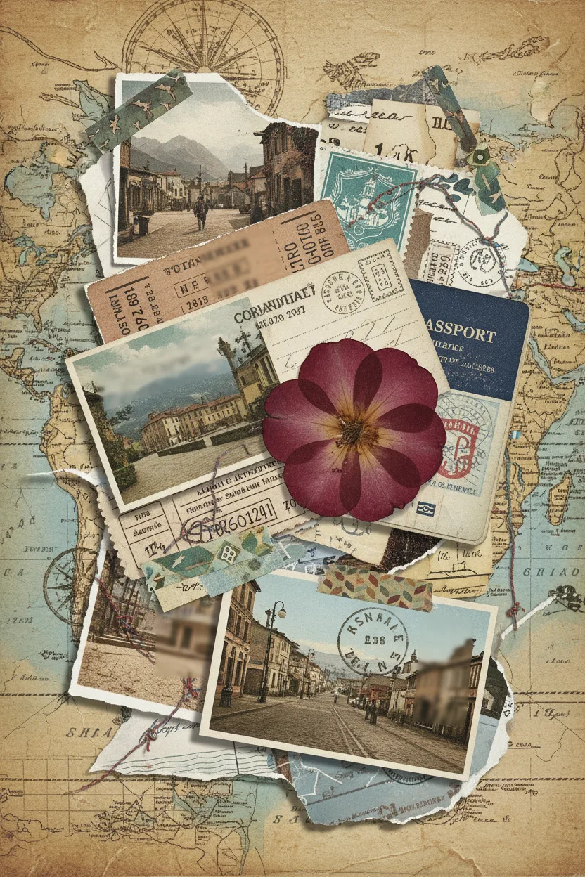 A mixed-media collage of map, postcards, tickets, passport pages