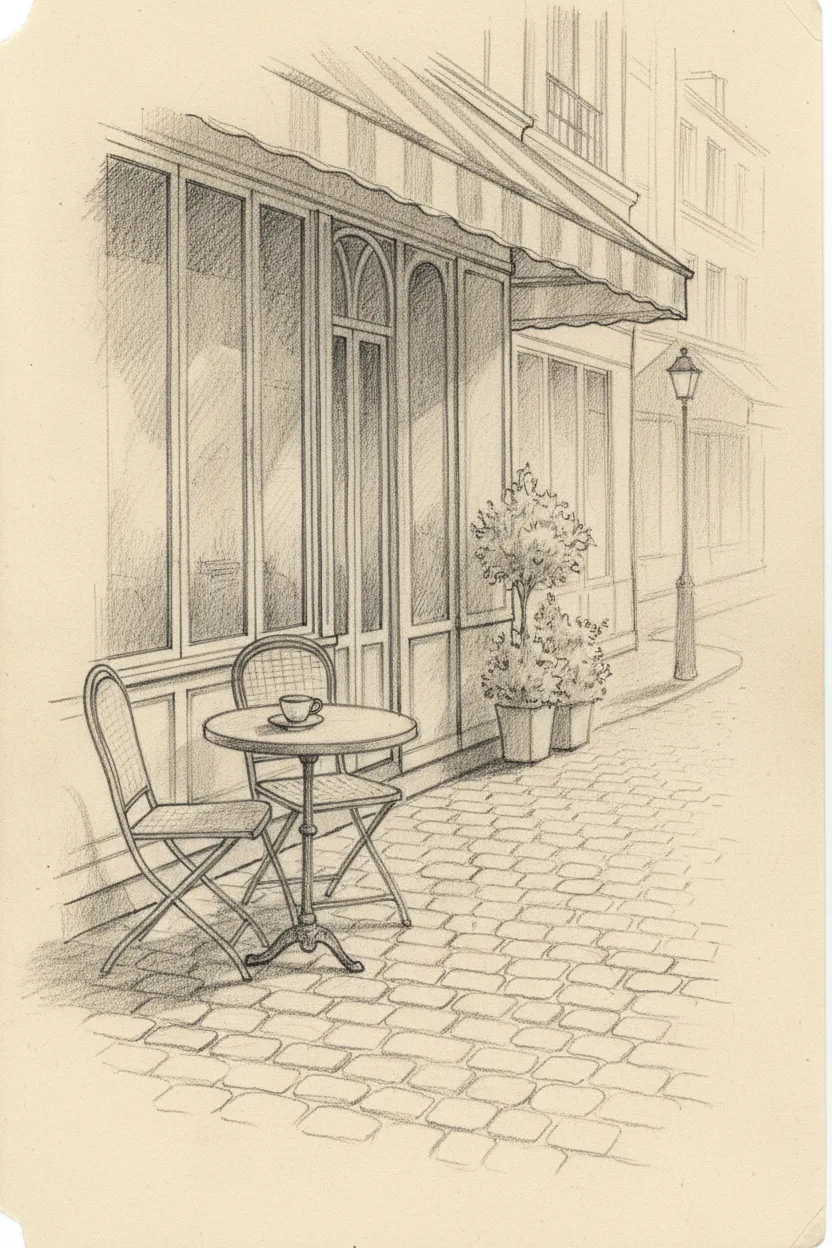 A pencil sketch of a Paris cafe with cobblestones on cream paper
