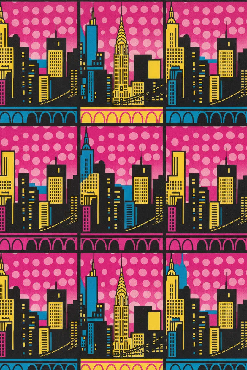 A pop-art screenprint of the New York skyline in bold colors