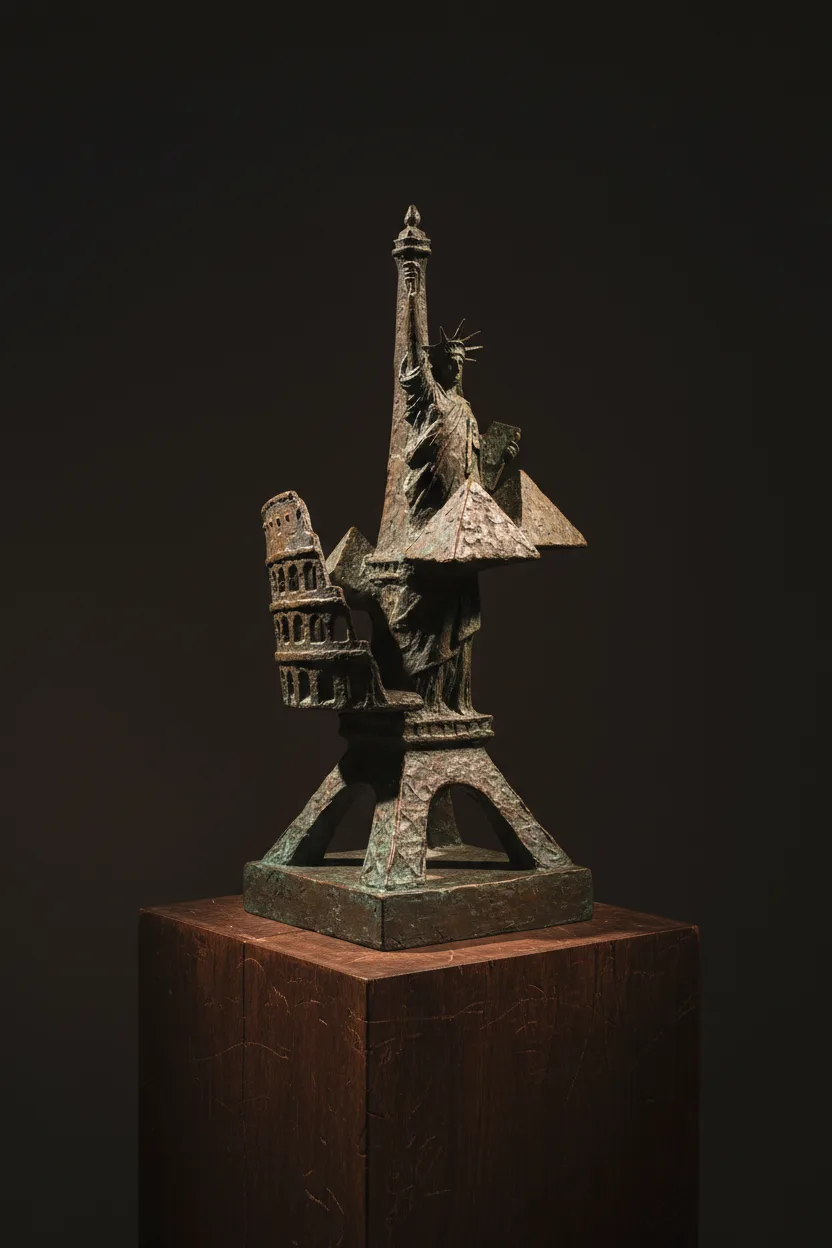 A small bronze sculpture of a stylized world monument