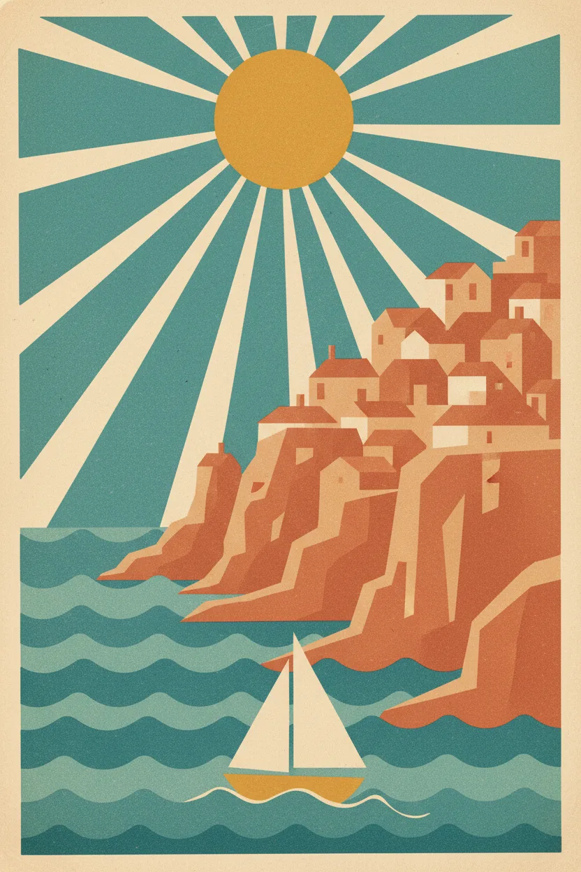 A vintage 1930s travel poster of an Italian coastline