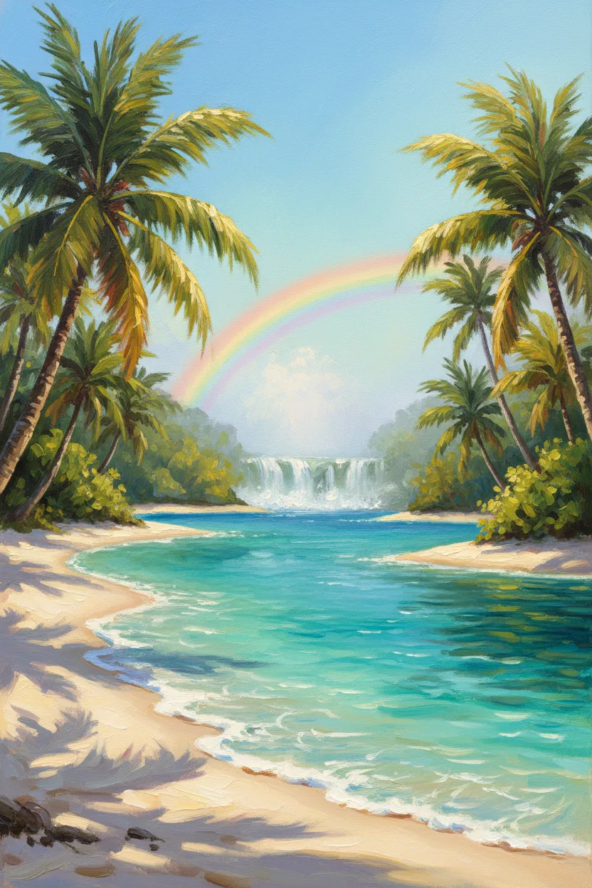A hidden tropical lagoon with turquoise water and palm trees