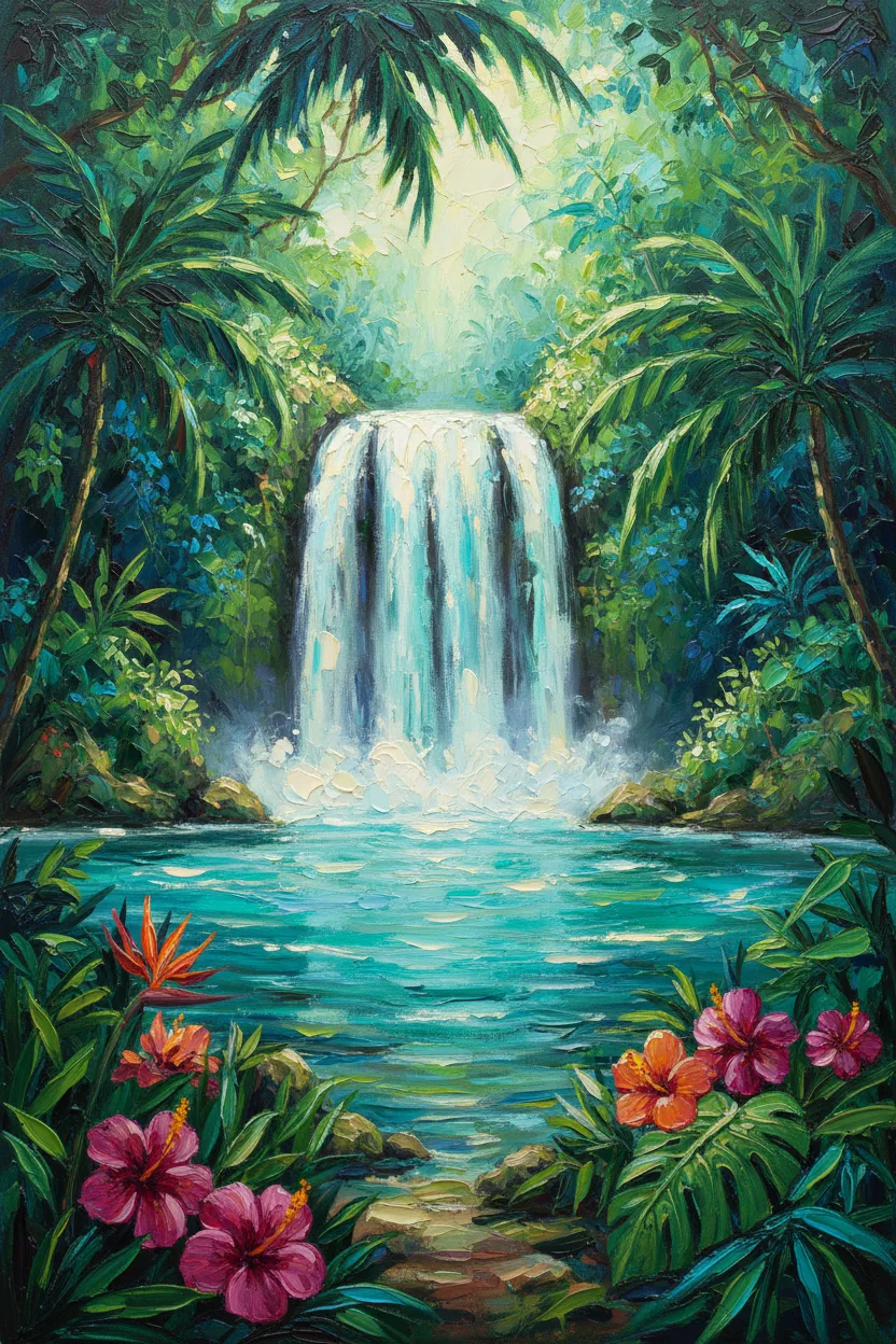 A lush tropical waterfall cascading into a turquoise jungle pool