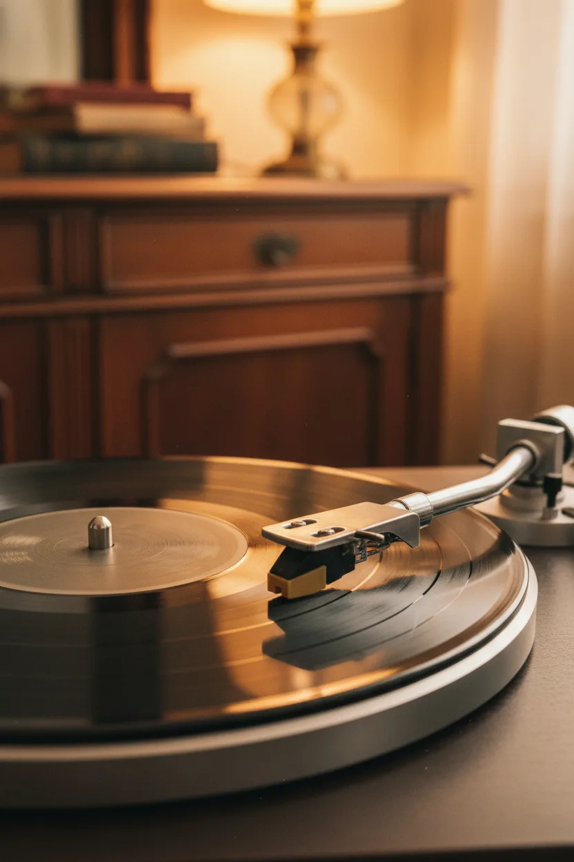A real photograph of a vintage turntable spinning vinyl in warm tungsten light