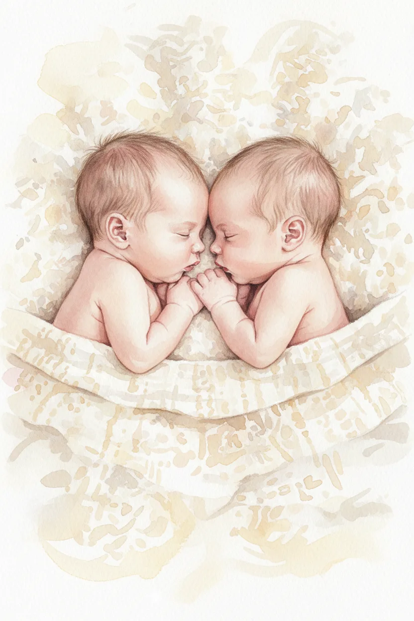 Two newborn babies curled together asleep on a blanket