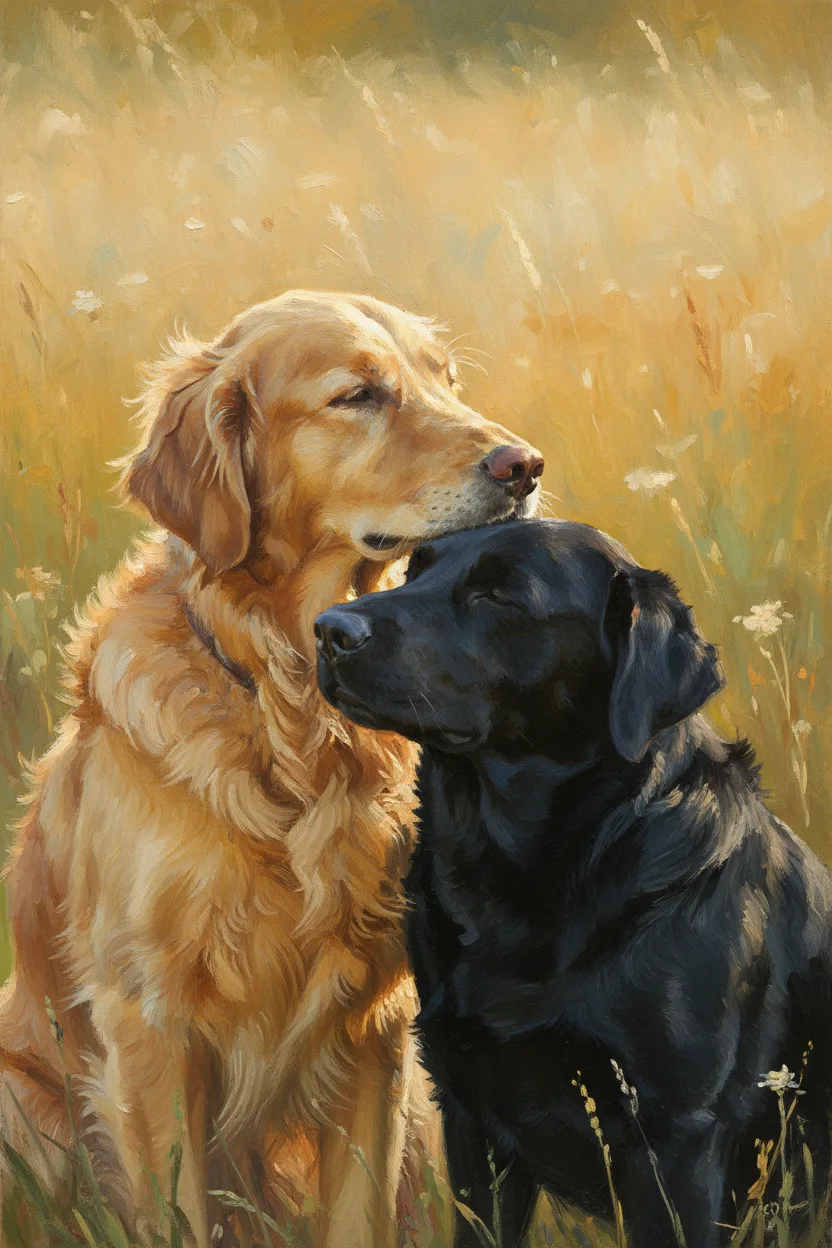 Two dogs nuzzling together at golden hour