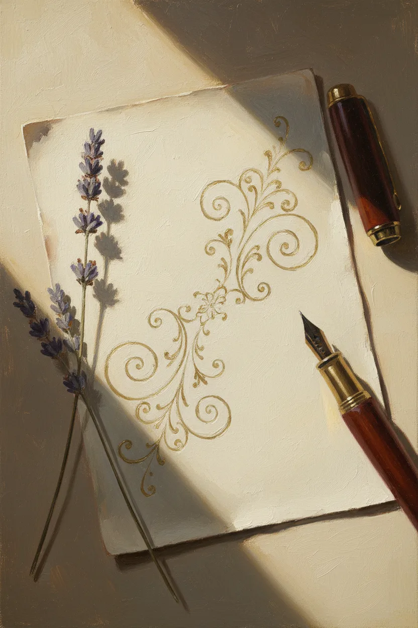 A letterpressed cream paper with ornamental flourishes framed by lavender and a pen