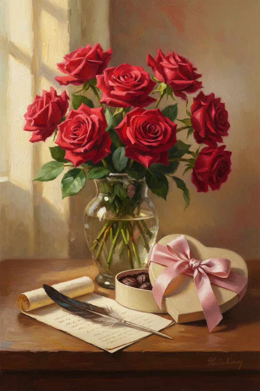 A still-life with red roses, a heart chocolate box, and a letter