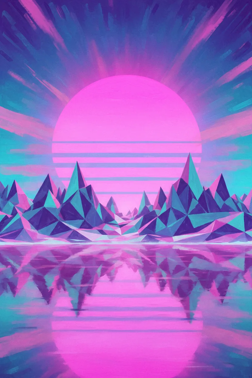 A retro vaporwave low-poly crystal mountain reflecting in a pink lagoon
