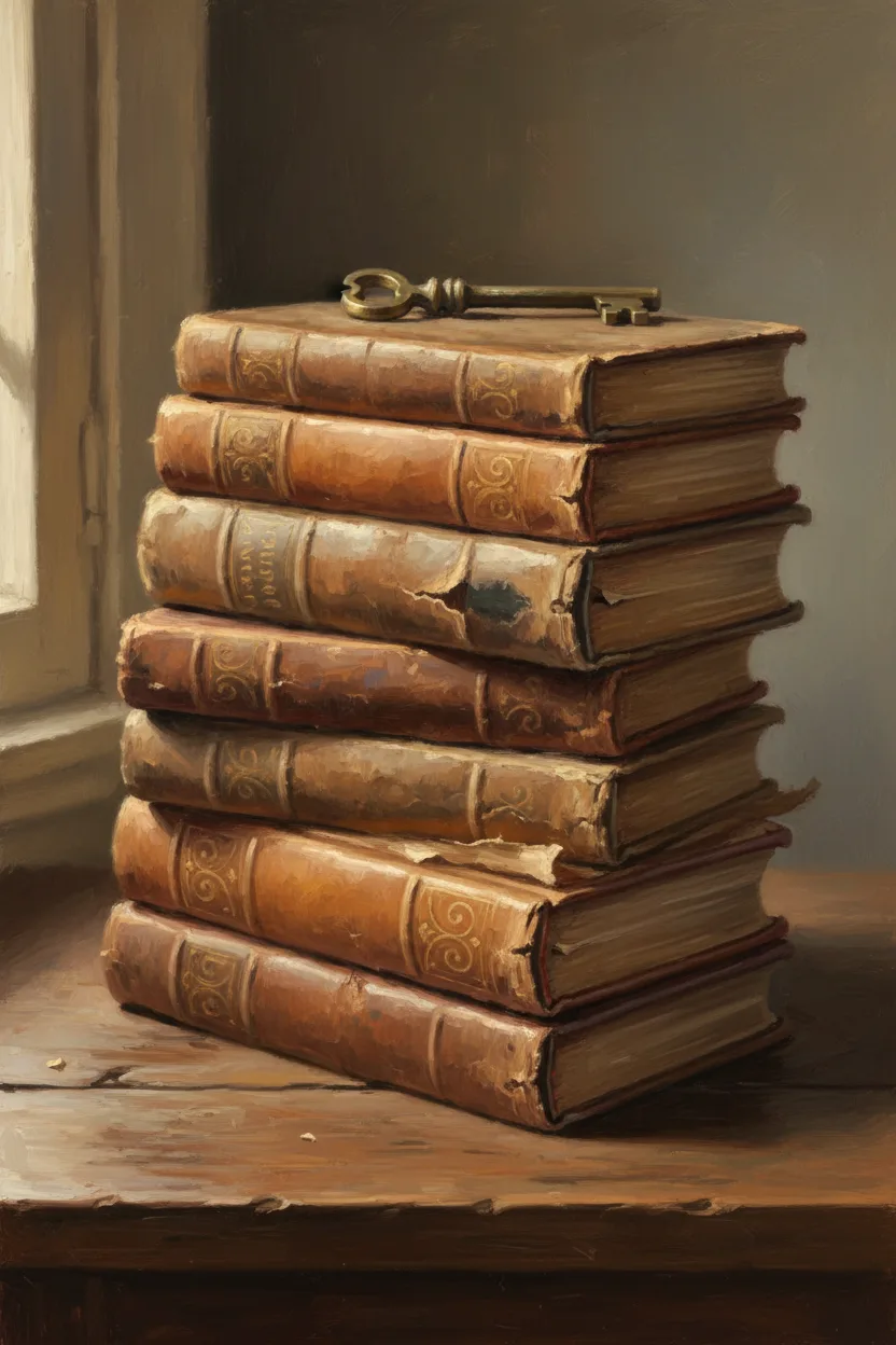 Antique leather-bound books with a tarnished brass key on top