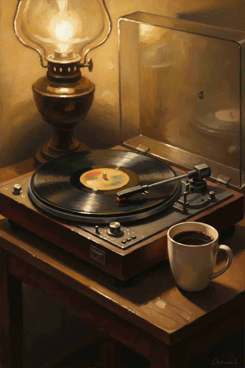 A vintage vinyl record spinning on a record player in warm lamp light