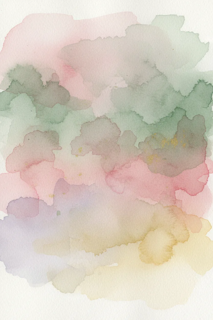 Gentle flowing watercolor washes of pink, sage, lavender, and gold