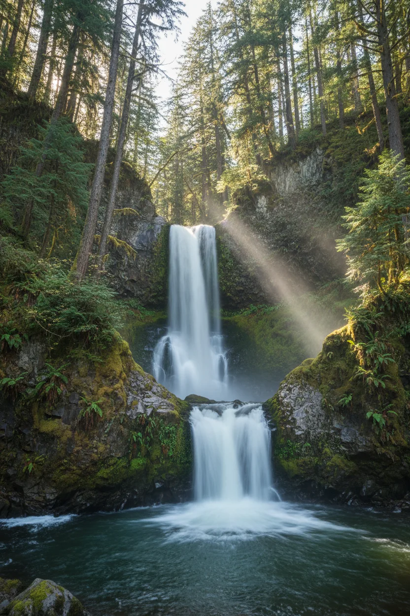 A real long-exposure photograph of a waterfall cascading down moss-covered rocks