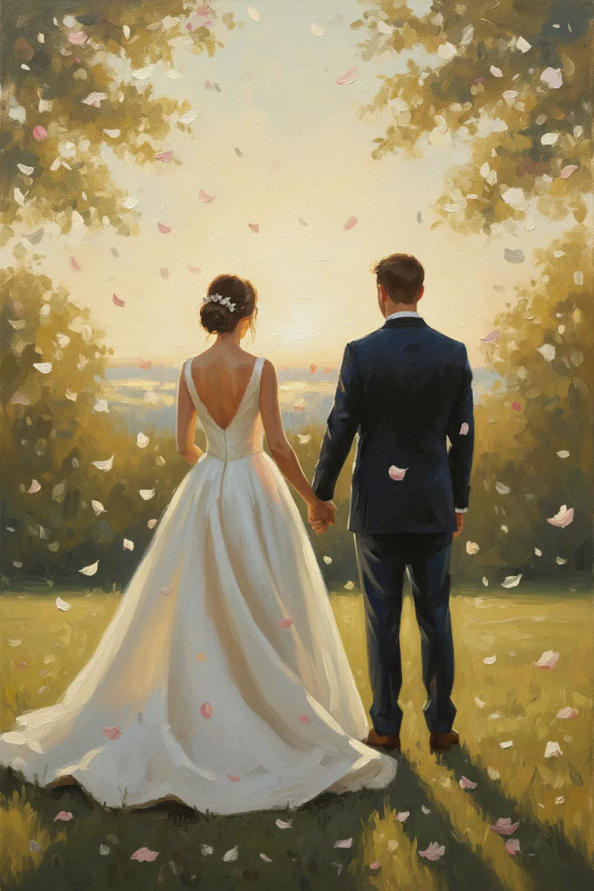 A bride and groom from behind at a golden-hour wedding