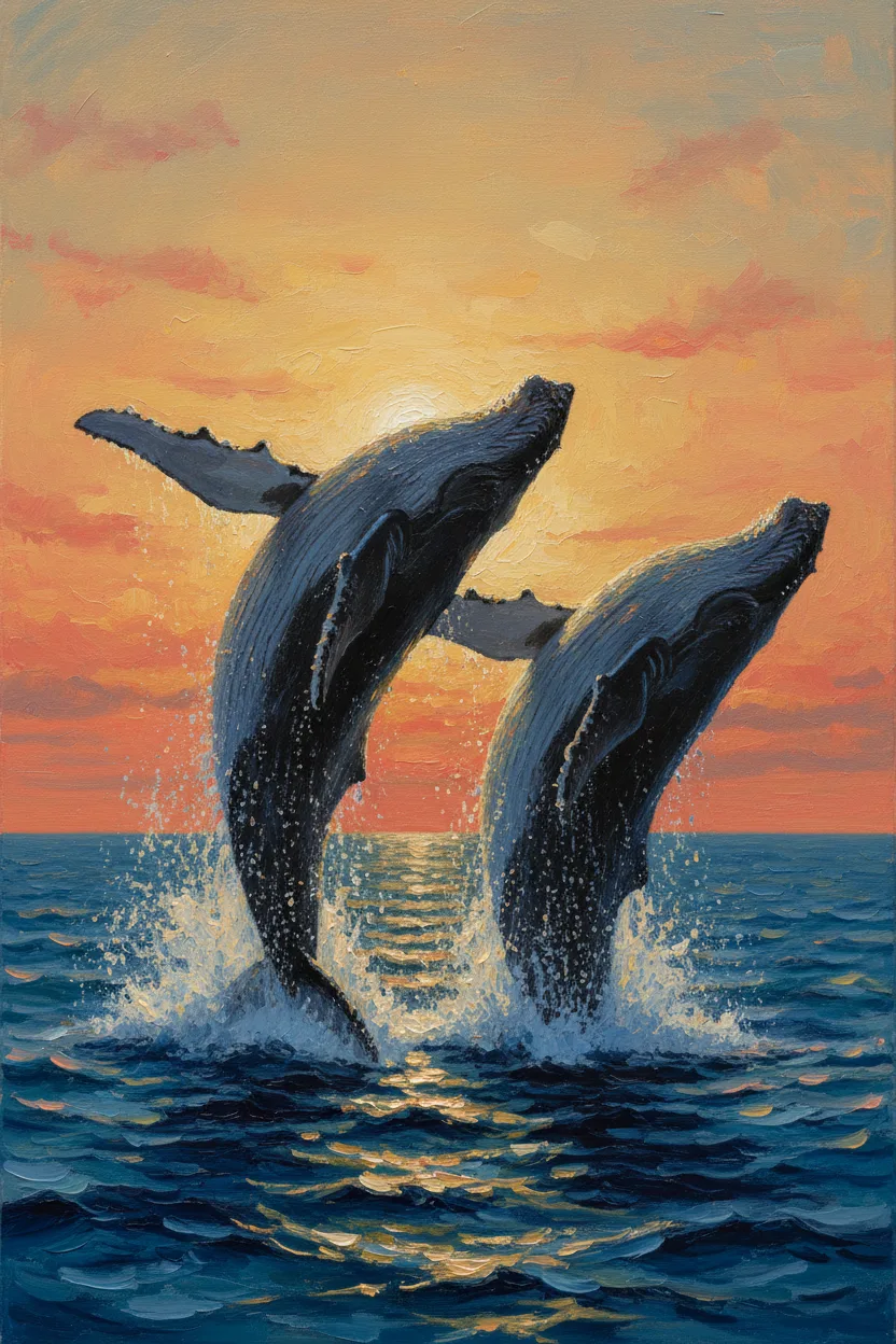 Two humpback whales breaching out of a deep cobalt ocean at sunset