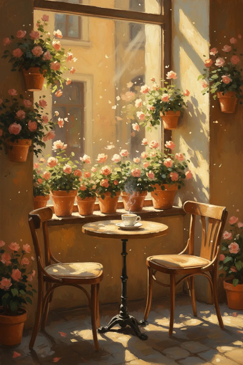 A quiet European cafe with two empty chairs at a window