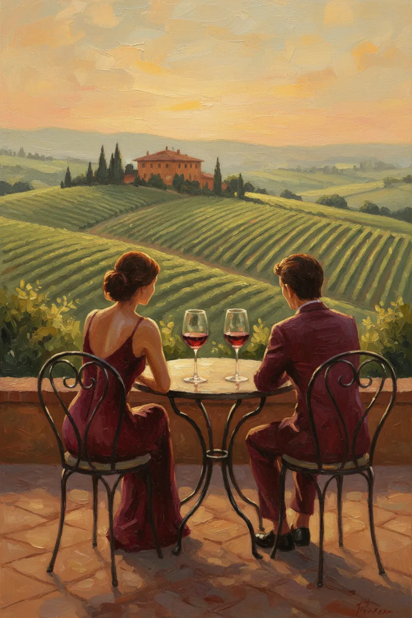 A couple at a bistro table on a vineyard terrace at golden hour with red wine