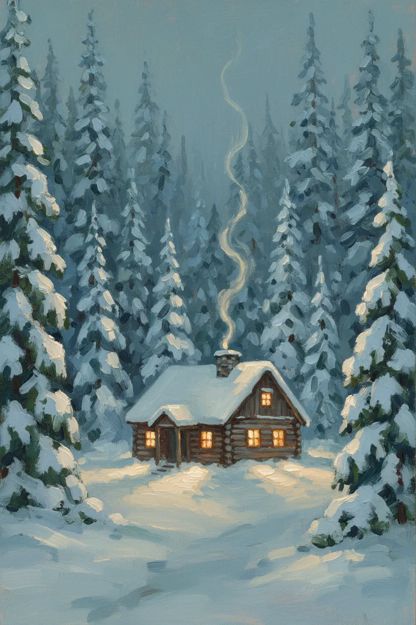 A wooden cabin in snowy pine woods with warm window light