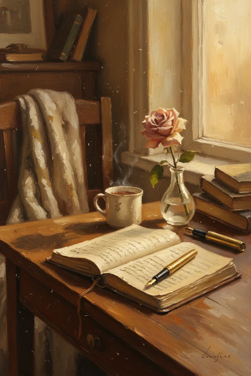 A writer's wooden desk with journal, fountain pen, tea, and a rose