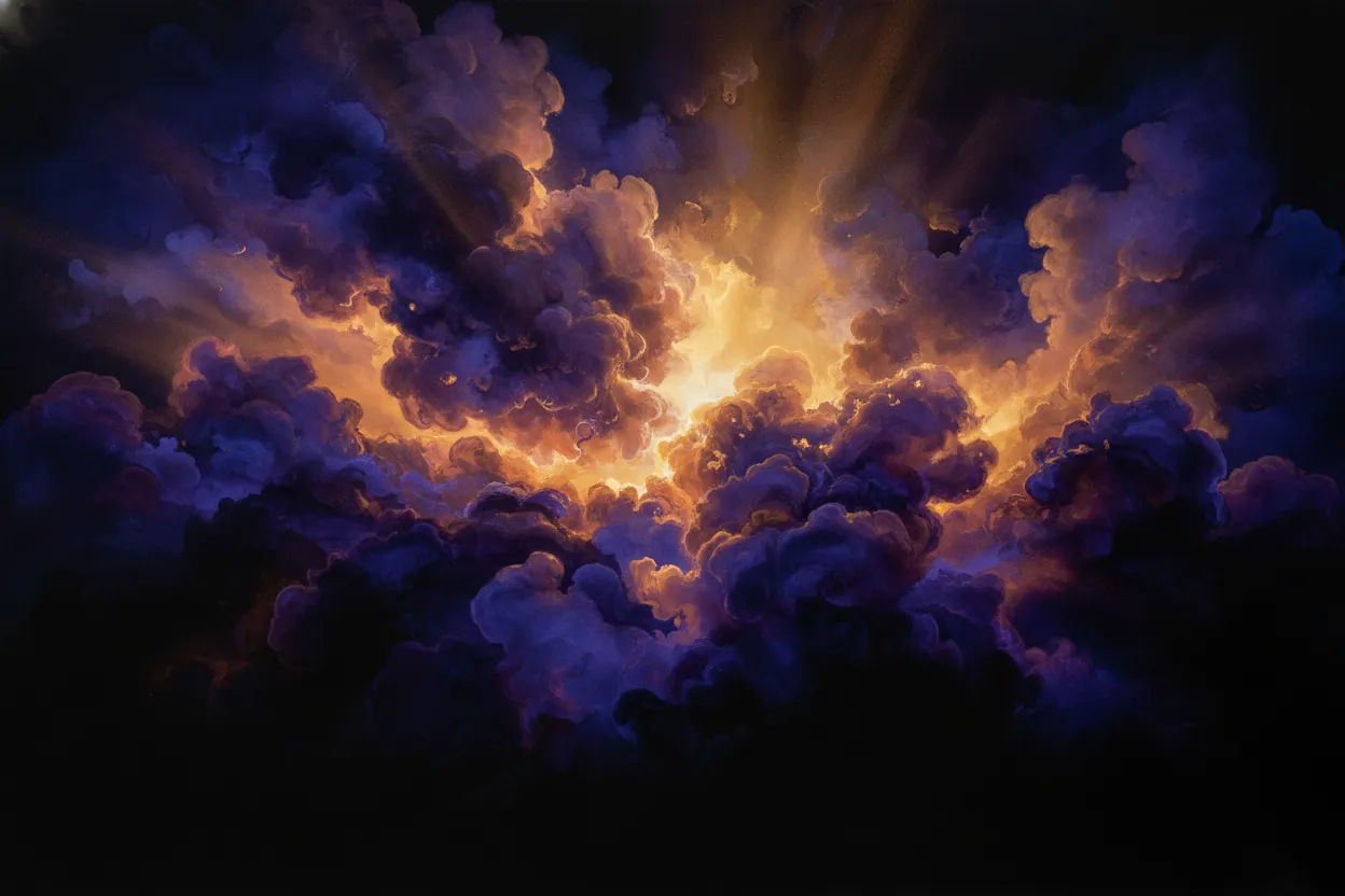 Dramatic atmosphere of light breaking through stormy clouds — ideas becoming art