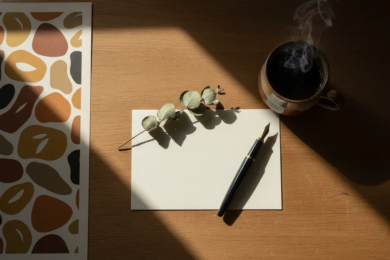 A warm wood studio desk with a notecard, fountain pen, eucalyptus and morning coffee