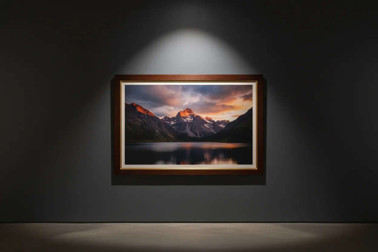 A framed gallery print under museum spotlight on a dark wall