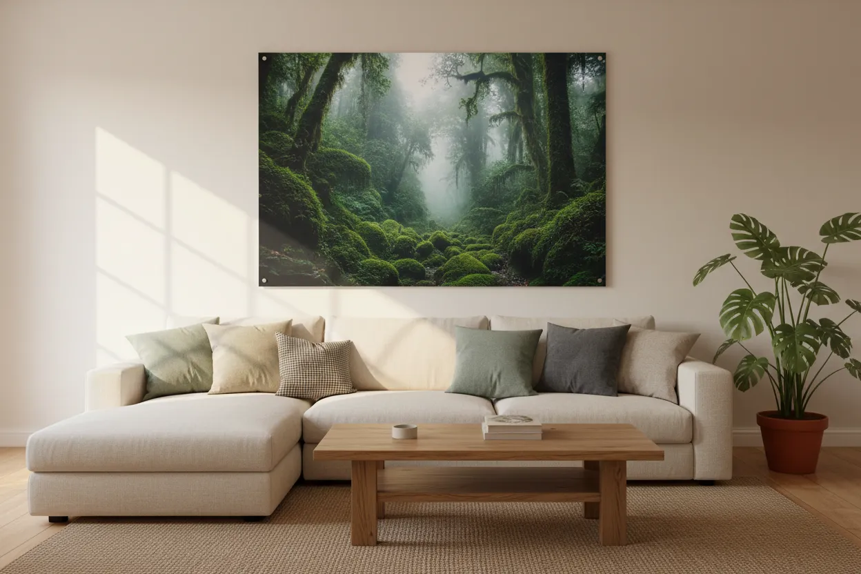 Acrylic-mounted moss rainforest above a cream sofa