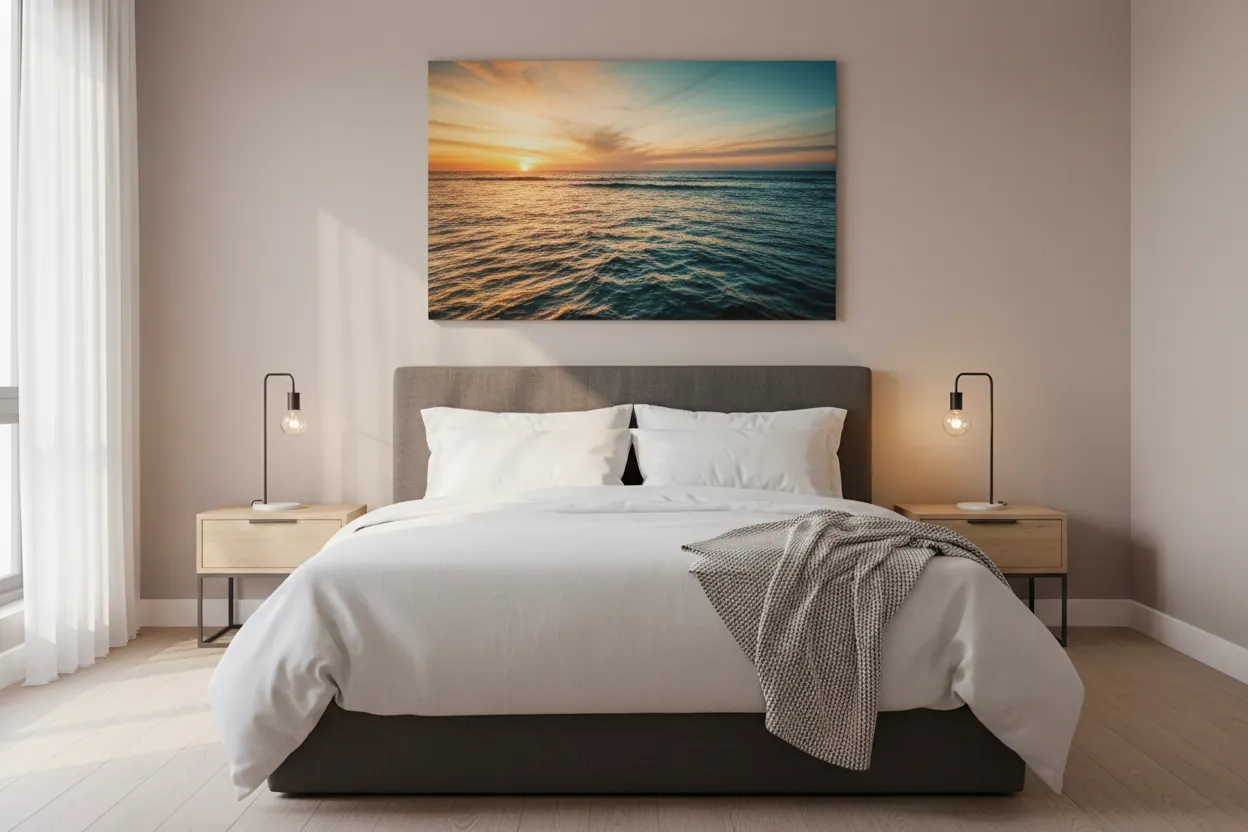 Canvas ocean sunset above a charcoal headboard