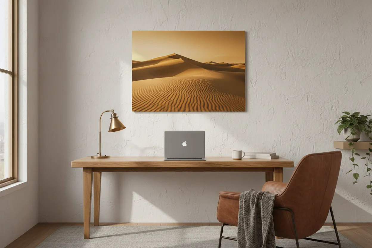 ChromaLuxe metal print of golden sand dunes above a wood desk
