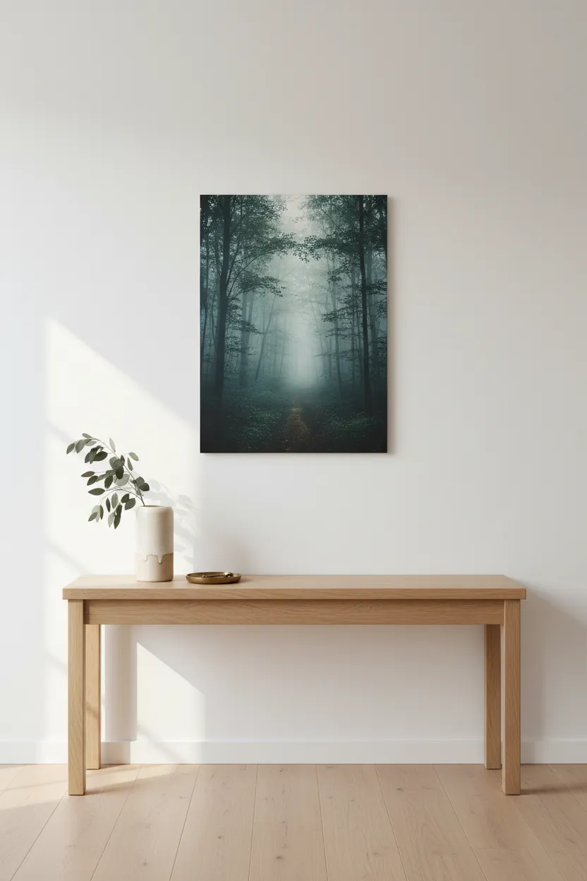 Vertical canvas of a misty forest path in a Japandi-style hallway