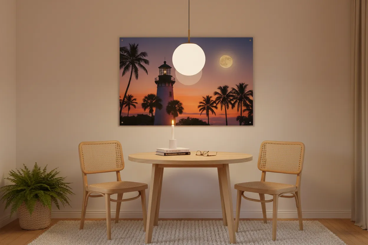 Acrylic tropical lighthouse at dusk above a dining table