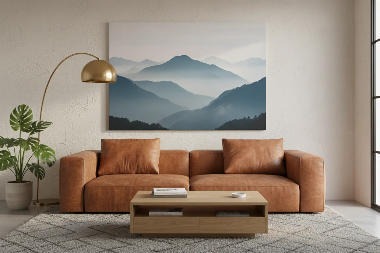 Large canvas of a misty mountain landscape above a cognac leather sofa