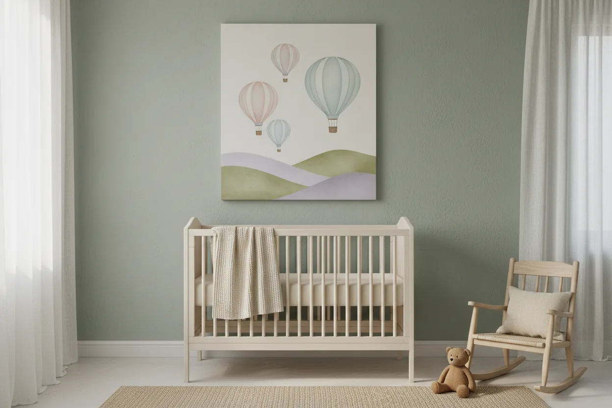 Whimsical hot-air balloon canvas above a white crib in a sage nursery
